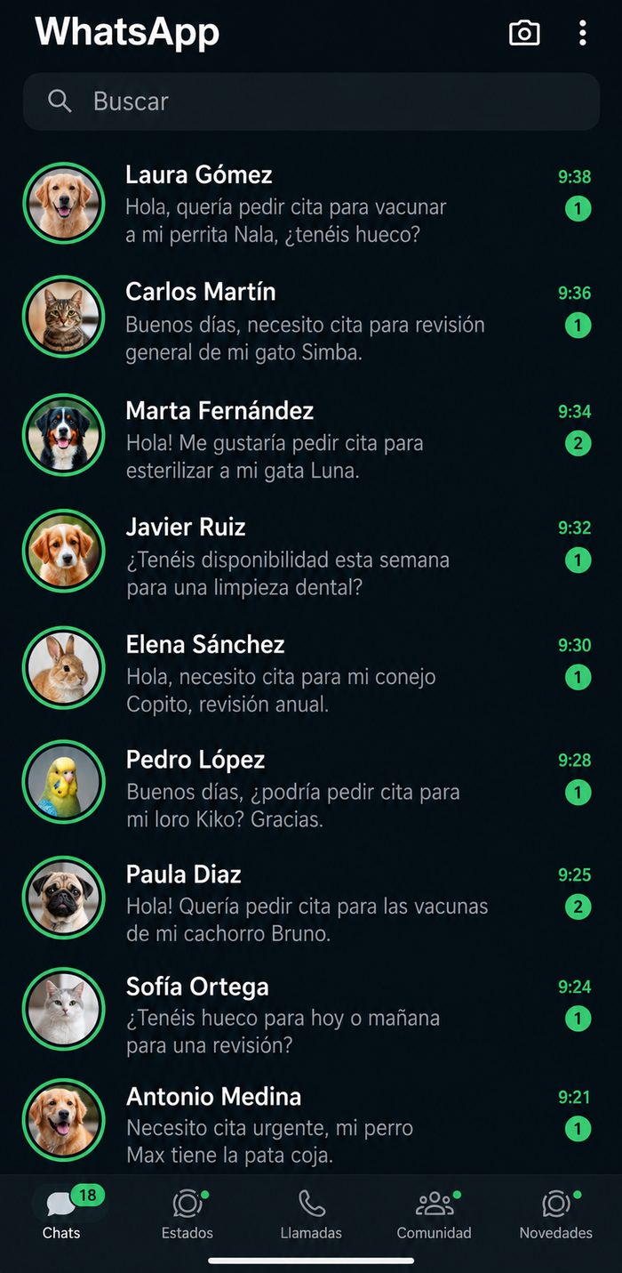 Bandeja de WhatsApp con varias familias esperando respuesta para pedir cita en la clínica