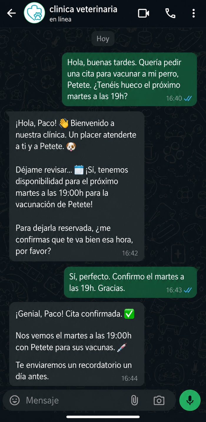 Conversación real de WhatsApp donde Luna, el agente, confirma una cita de vacunación